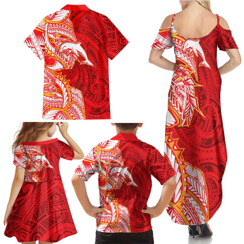 Dolphins Family Matching Summer Maxi Dress and Hawaiian Shirt Polynesian Tribal Tattoo Pacific Sport Art