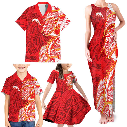 Dolphins Family Matching Tank Maxi Dress and Hawaiian Shirt Polynesian Tribal Tattoo Pacific Sport Art