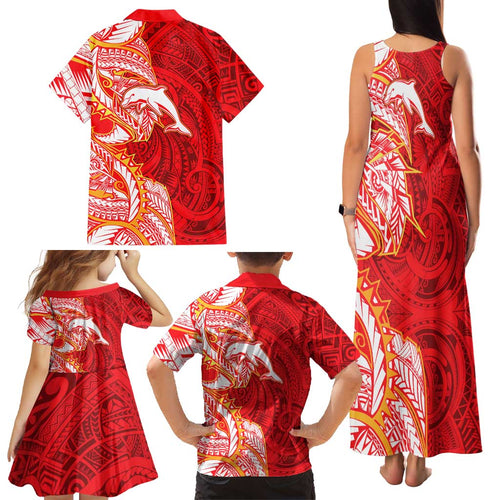 Dolphins Family Matching Tank Maxi Dress and Hawaiian Shirt Polynesian Tribal Tattoo Pacific Sport Art
