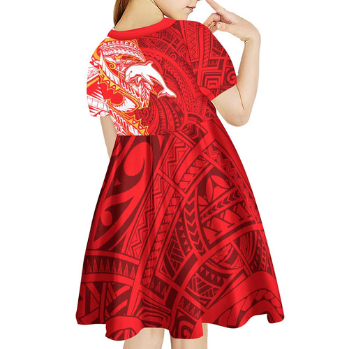 Dolphins Kid Short Sleeve Dress Polynesian Tribal Tattoo Pacific Sport Art