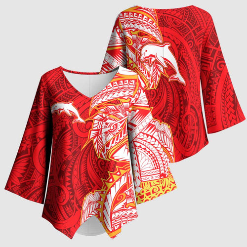 Dolphins Kimono Sleeve Blouse Polynesian Tribal Tattoo Pacific Sport Art
