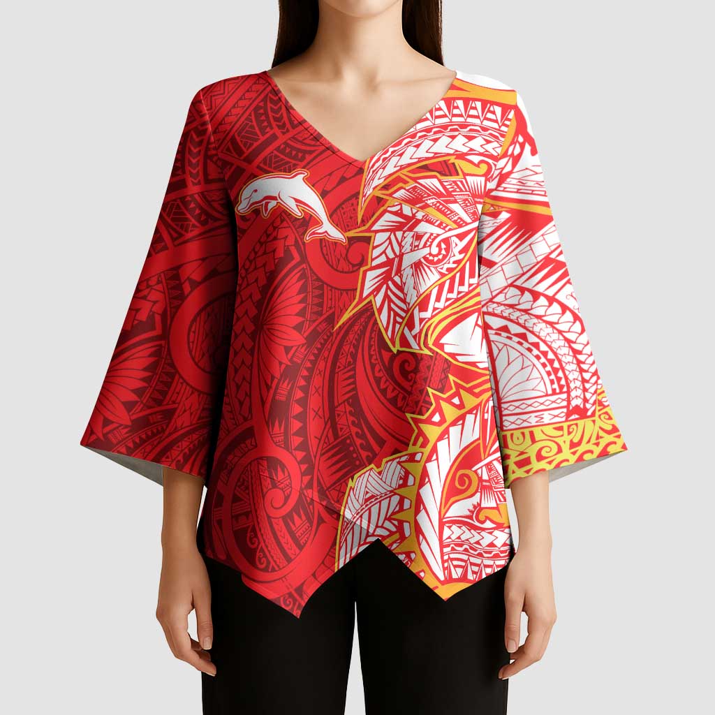 Dolphins Kimono Sleeve Blouse Polynesian Tribal Tattoo Pacific Sport Art