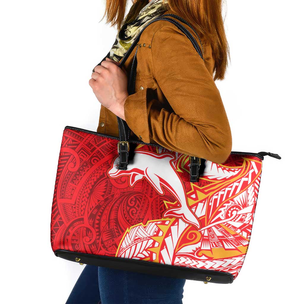 Dolphins Leather Tote Bag Polynesian Tribal Tattoo Pacific Sport Art