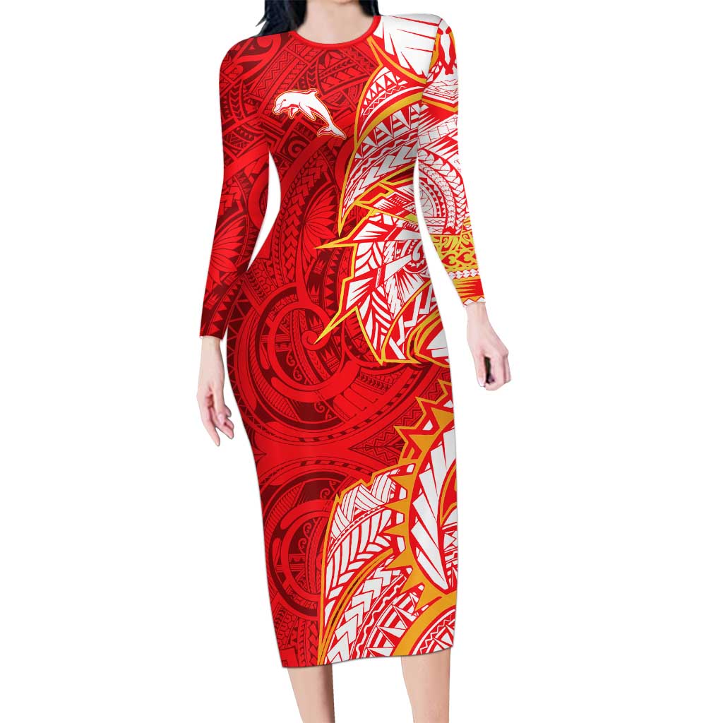 Dolphins Long Sleeve Bodycon Dress Polynesian Tribal Tattoo Pacific Sport Art