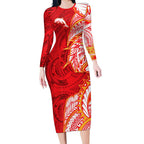 Dolphins Long Sleeve Bodycon Dress Polynesian Tribal Tattoo Pacific Sport Art