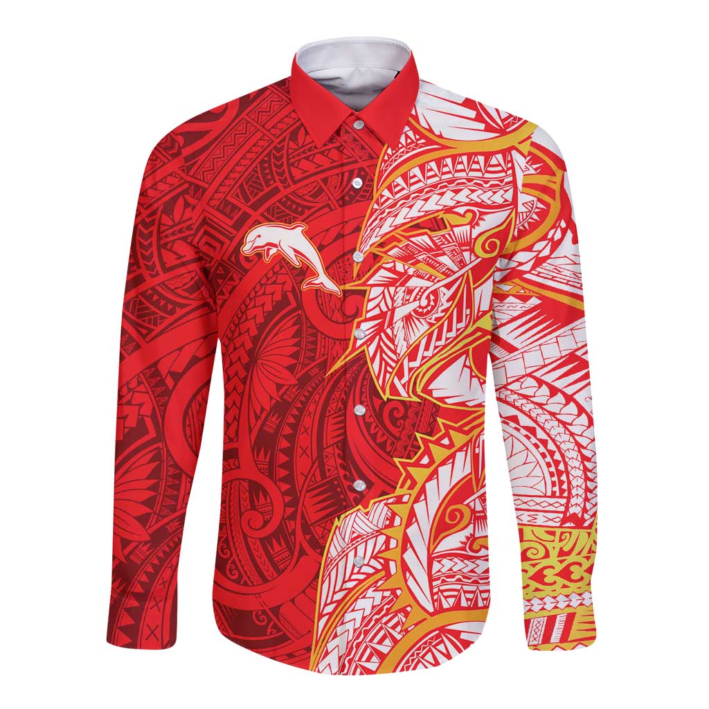 Dolphins Long Sleeve Button Shirt Polynesian Tribal Tattoo Pacific Sport Art