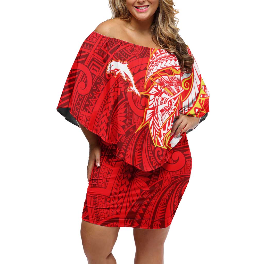 Dolphins Off Shoulder Short Dress Polynesian Tribal Tattoo Pacific Sport Art