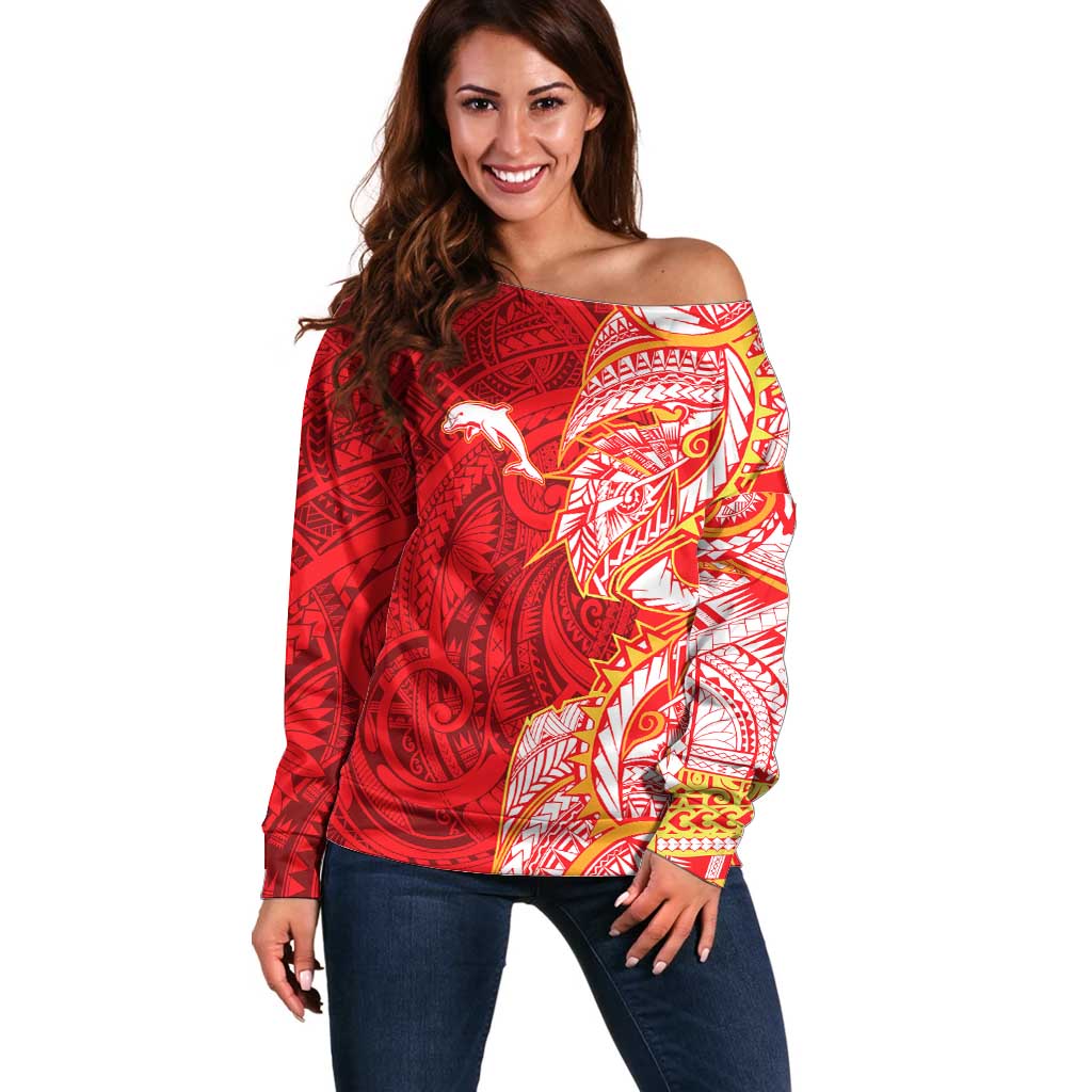 Dolphins Off Shoulder Sweater Polynesian Tribal Tattoo Pacific Sport Art