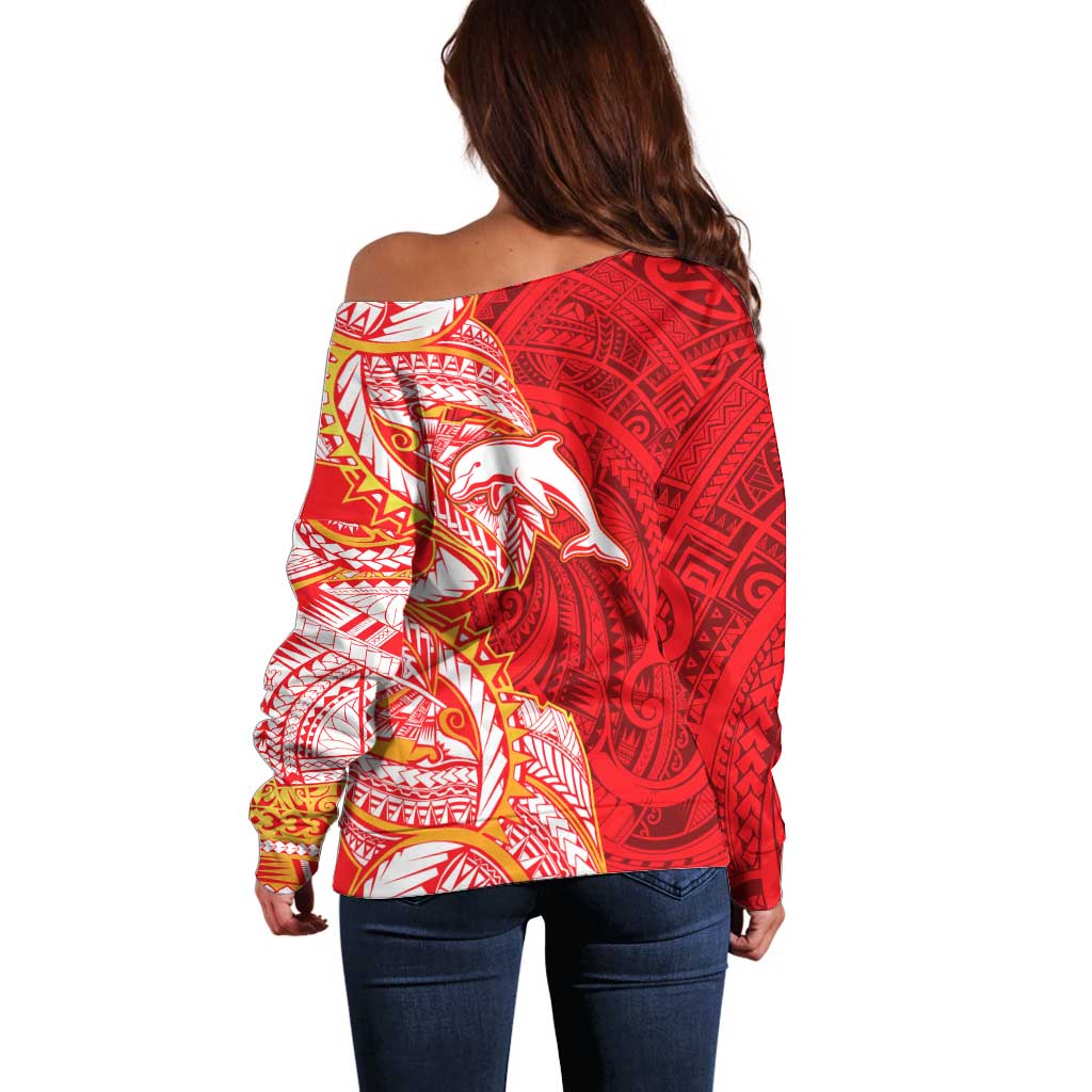 Dolphins Off Shoulder Sweater Polynesian Tribal Tattoo Pacific Sport Art