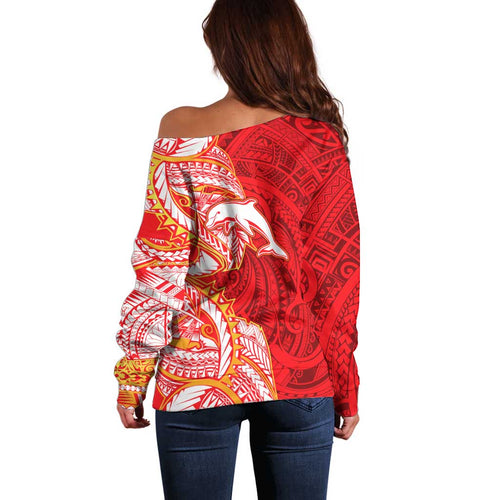 Dolphins Off Shoulder Sweater Polynesian Tribal Tattoo Pacific Sport Art