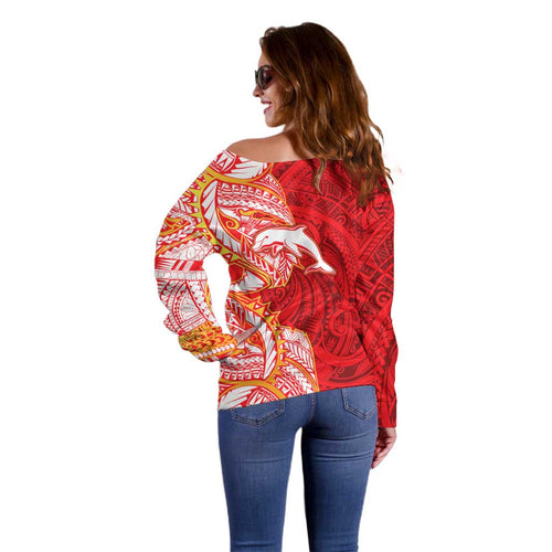 Dolphins Off Shoulder Sweater Polynesian Tribal Tattoo Pacific Sport Art