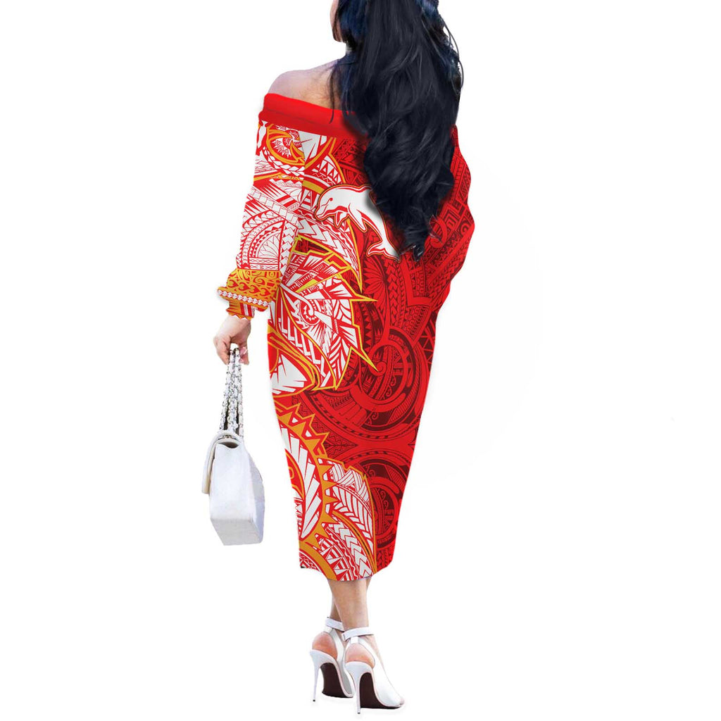 Dolphins Off The Shoulder Long Sleeve Dress Polynesian Tribal Tattoo Pacific Sport Art