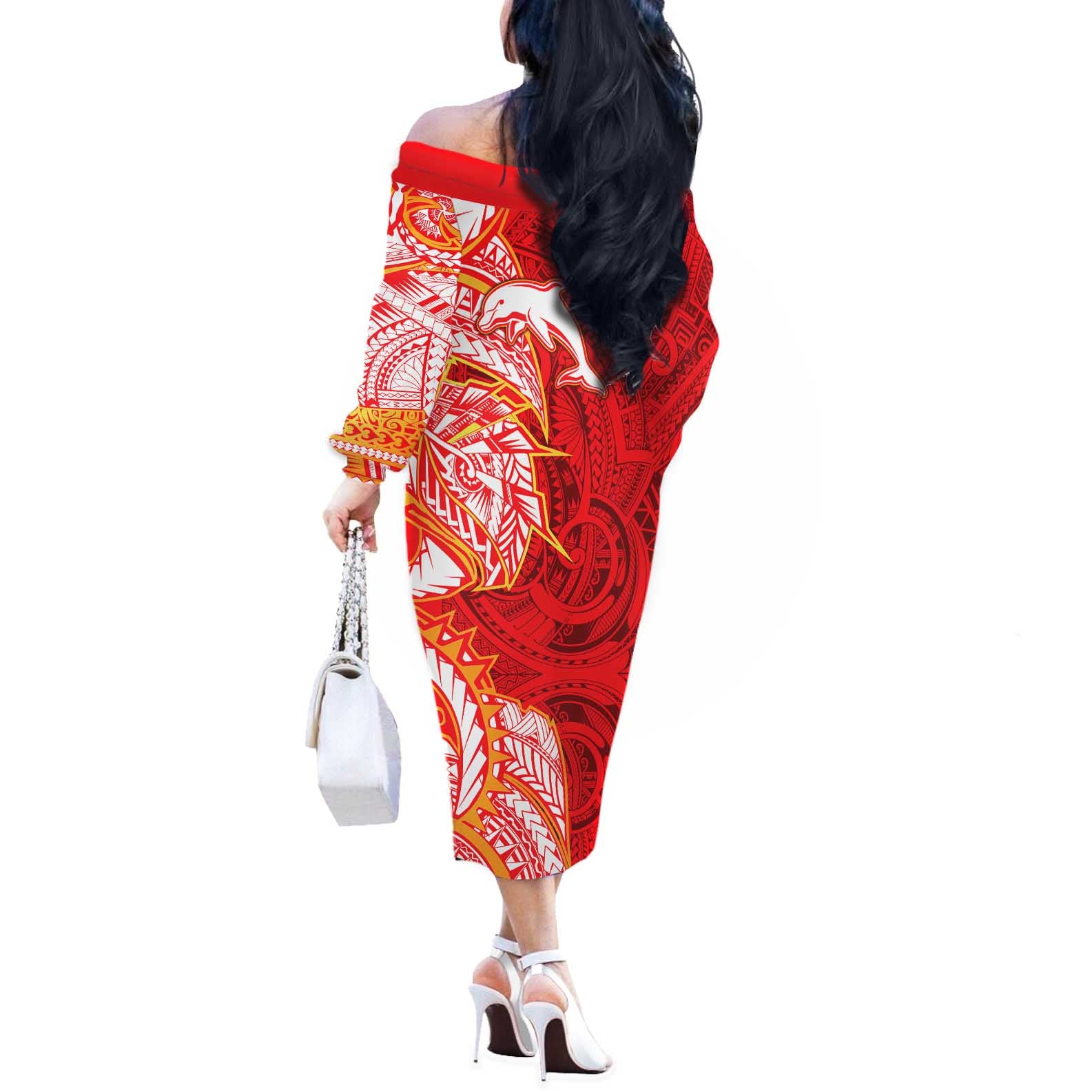 Dolphins Off The Shoulder Long Sleeve Dress Polynesian Tribal Tattoo Pacific Sport Art