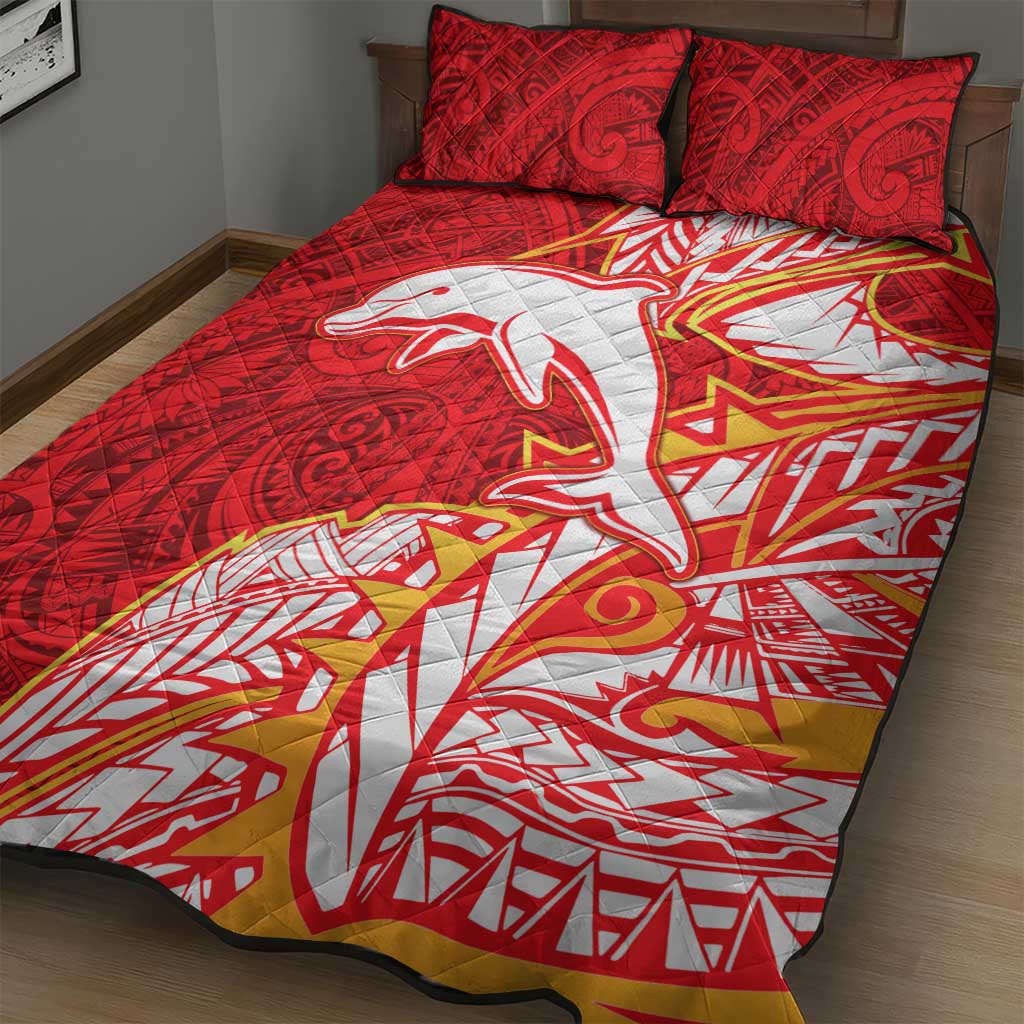 Dolphins Quilt Bed Set Polynesian Tribal Tattoo Pacific Sport Art