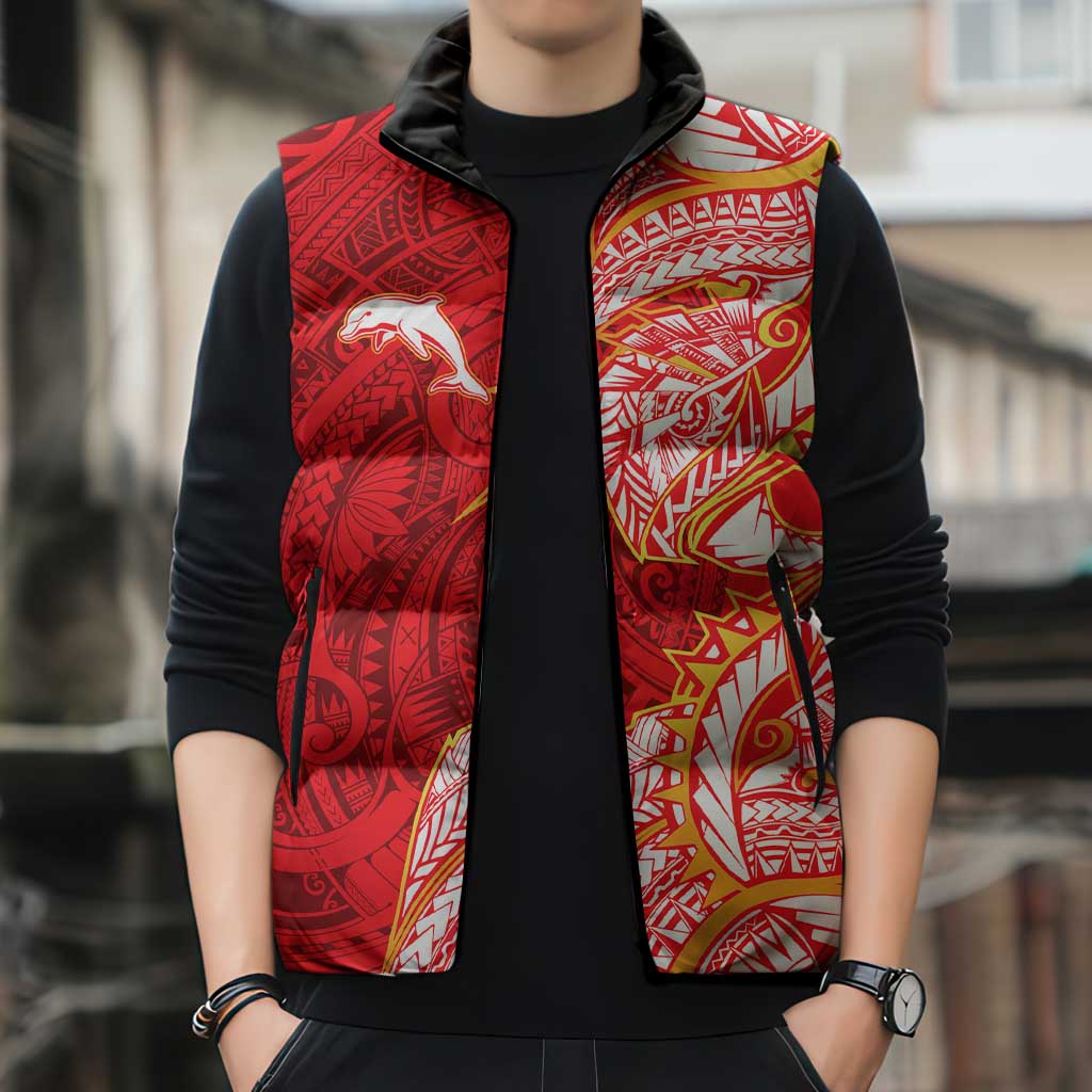 Dolphins Sleeveless Puffer Jacket Polynesian Tribal Tattoo Pacific Sport Art