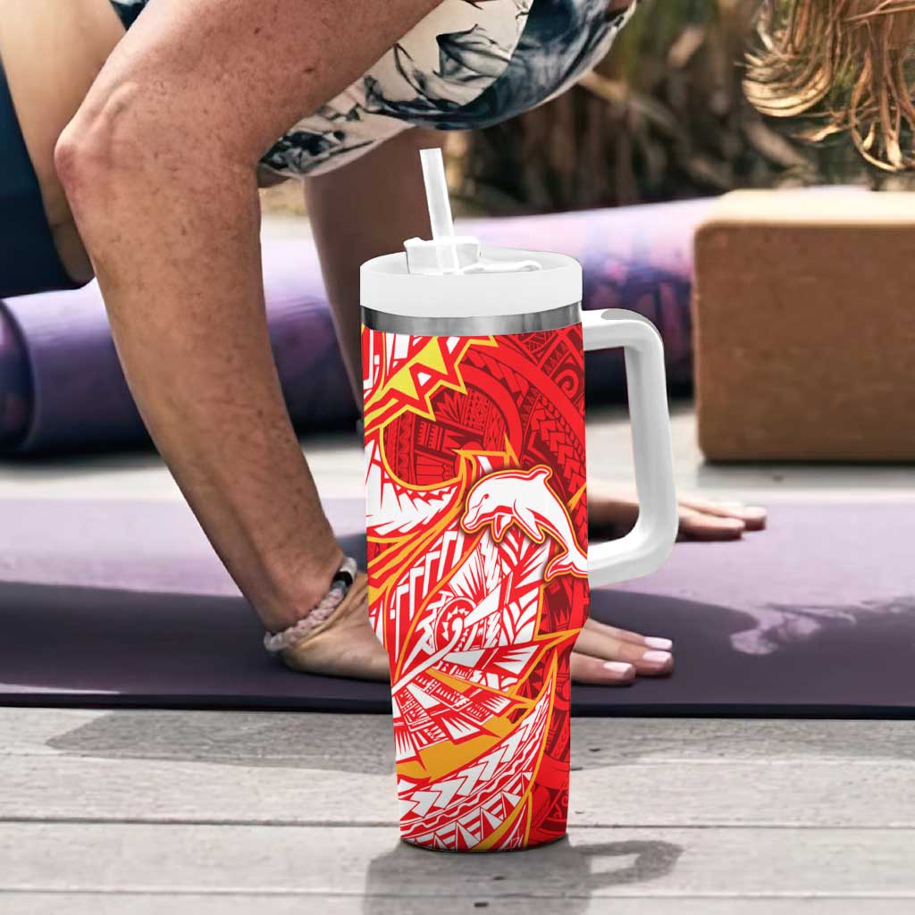 Dolphins Tumbler With Handle Polynesian Tribal Tattoo Pacific Sport Art