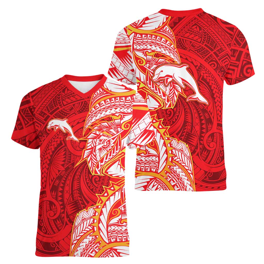 Dolphins Women V-Neck T-Shirt Polynesian Tribal Tattoo Pacific Sport Art