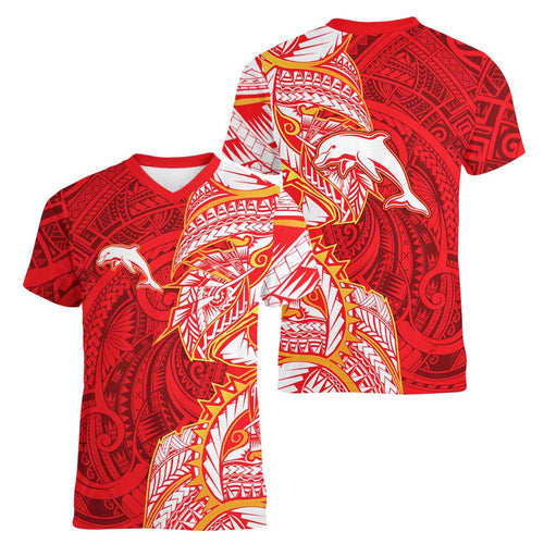 Dolphins Women V-Neck T-Shirt Polynesian Tribal Tattoo Pacific Sport Art