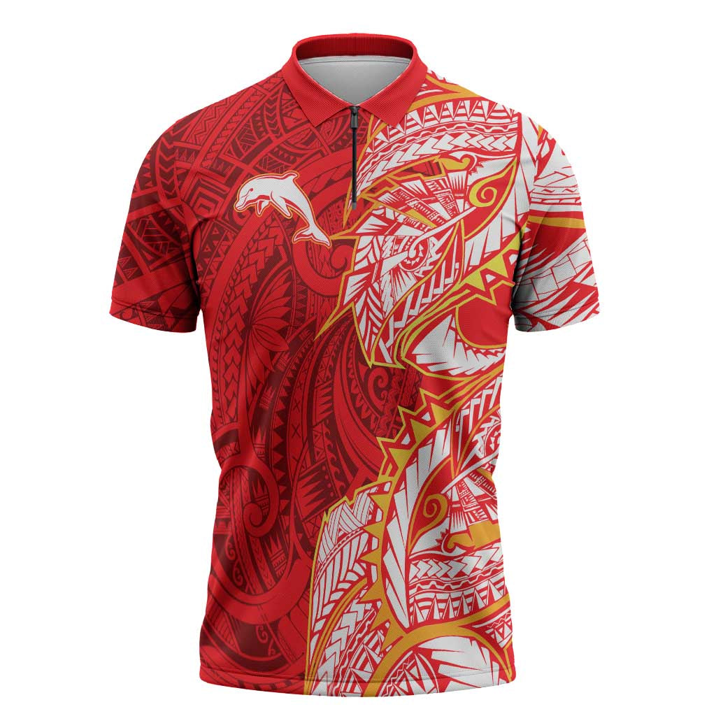 Dolphins Zipper Polo Shirt Polynesian Tribal Tattoo Pacific Sport Art