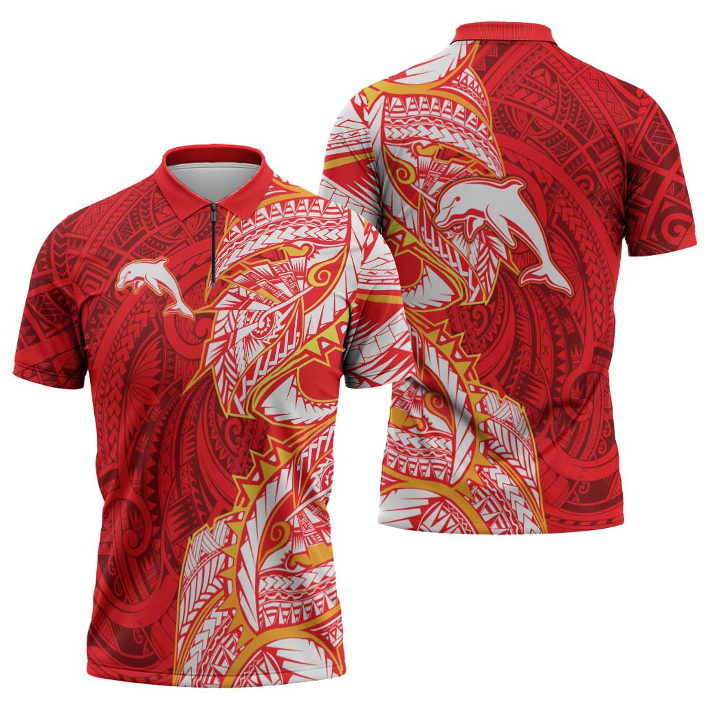 Dolphins Zipper Polo Shirt Polynesian Tribal Tattoo Pacific Sport Art