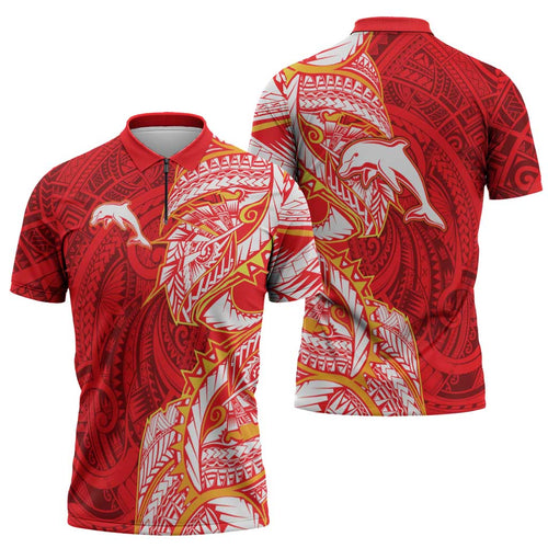 Dolphins Zipper Polo Shirt Polynesian Tribal Tattoo Pacific Sport Art