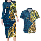 Gold Coast Titans Couples Matching Long Sleeve Bodycon Dress and Hawaiian Shirt Polynesian Tribal Tattoo Pacific Sport Art