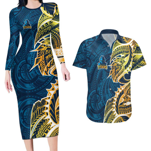 Gold Coast Titans Couples Matching Long Sleeve Bodycon Dress and Hawaiian Shirt Polynesian Tribal Tattoo Pacific Sport Art