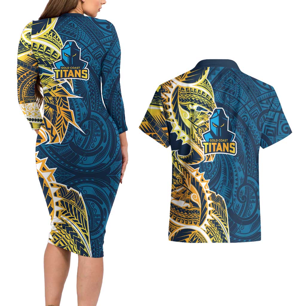 Gold Coast Titans Couples Matching Long Sleeve Bodycon Dress and Hawaiian Shirt Polynesian Tribal Tattoo Pacific Sport Art