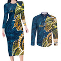 Gold Coast Titans Couples Matching Long Sleeve Bodycon Dress and Long Sleeve Button Shirt Polynesian Tribal Tattoo Pacific Sport Art