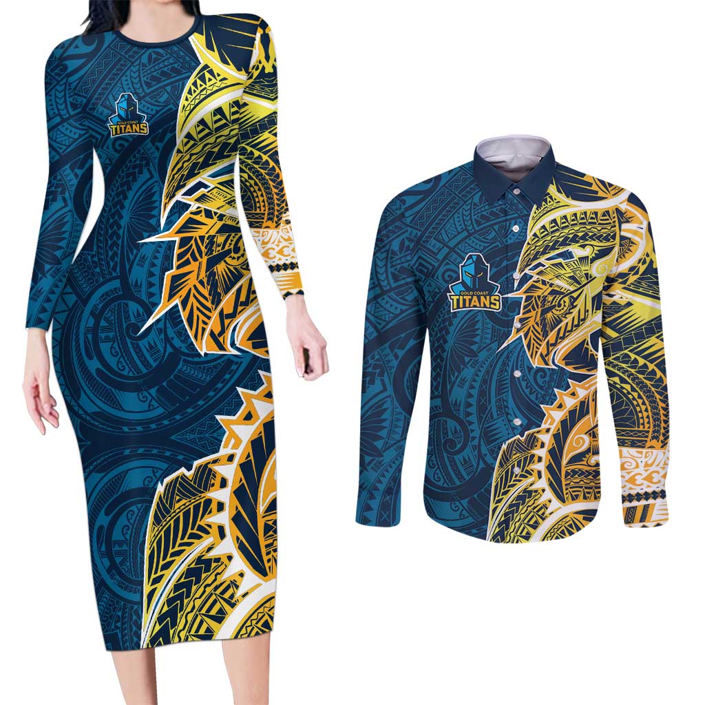 Gold Coast Titans Couples Matching Long Sleeve Bodycon Dress and Long Sleeve Button Shirt Polynesian Tribal Tattoo Pacific Sport Art
