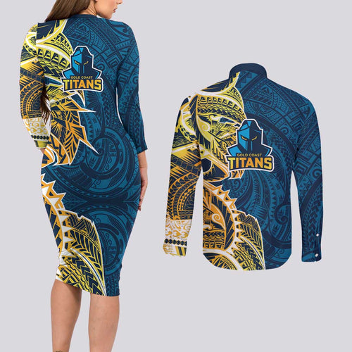 Gold Coast Titans Couples Matching Long Sleeve Bodycon Dress and Long Sleeve Button Shirt Polynesian Tribal Tattoo Pacific Sport Art