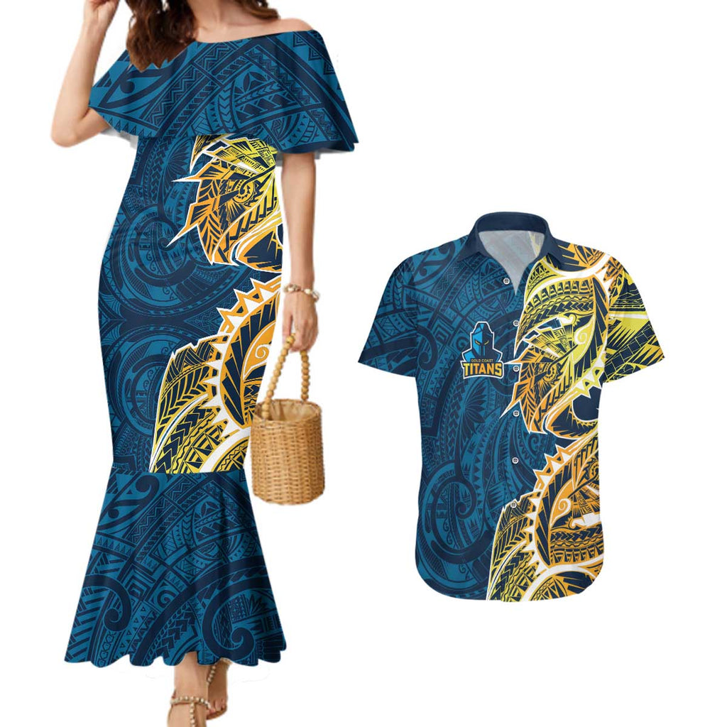Gold Coast Titans Couples Matching Mermaid Dress and Hawaiian Shirt Polynesian Tribal Tattoo Pacific Sport Art