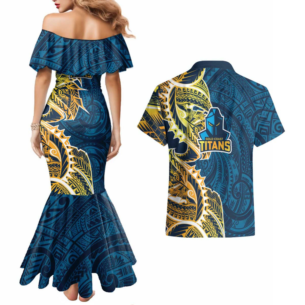 Gold Coast Titans Couples Matching Mermaid Dress and Hawaiian Shirt Polynesian Tribal Tattoo Pacific Sport Art