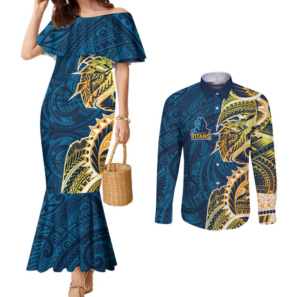 Gold Coast Titans Couples Matching Mermaid Dress and Long Sleeve Button Shirt Polynesian Tribal Tattoo Pacific Sport Art