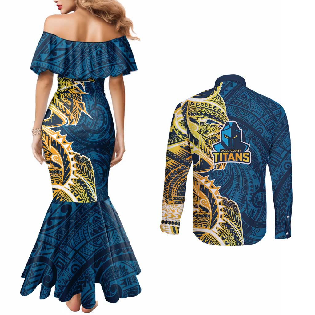 Gold Coast Titans Couples Matching Mermaid Dress and Long Sleeve Button Shirt Polynesian Tribal Tattoo Pacific Sport Art