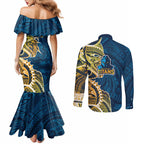Gold Coast Titans Couples Matching Mermaid Dress and Long Sleeve Button Shirt Polynesian Tribal Tattoo Pacific Sport Art