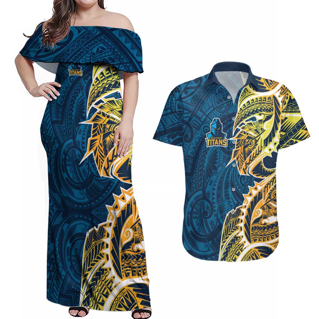 Gold Coast Titans Couples Matching Off Shoulder Maxi Dress and Hawaiian Shirt Polynesian Tribal Tattoo Pacific Sport Art