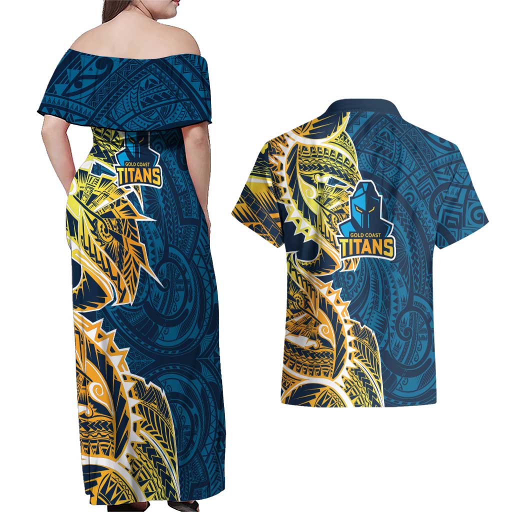 Gold Coast Titans Couples Matching Off Shoulder Maxi Dress and Hawaiian Shirt Polynesian Tribal Tattoo Pacific Sport Art