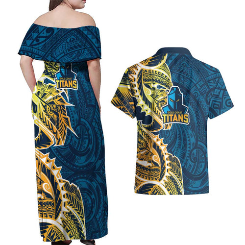 Gold Coast Titans Couples Matching Off Shoulder Maxi Dress and Hawaiian Shirt Polynesian Tribal Tattoo Pacific Sport Art