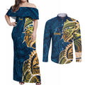 Gold Coast Titans Couples Matching Off Shoulder Maxi Dress and Long Sleeve Button Shirt Polynesian Tribal Tattoo Pacific Sport Art