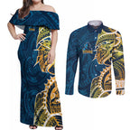 Gold Coast Titans Couples Matching Off Shoulder Maxi Dress and Long Sleeve Button Shirt Polynesian Tribal Tattoo Pacific Sport Art