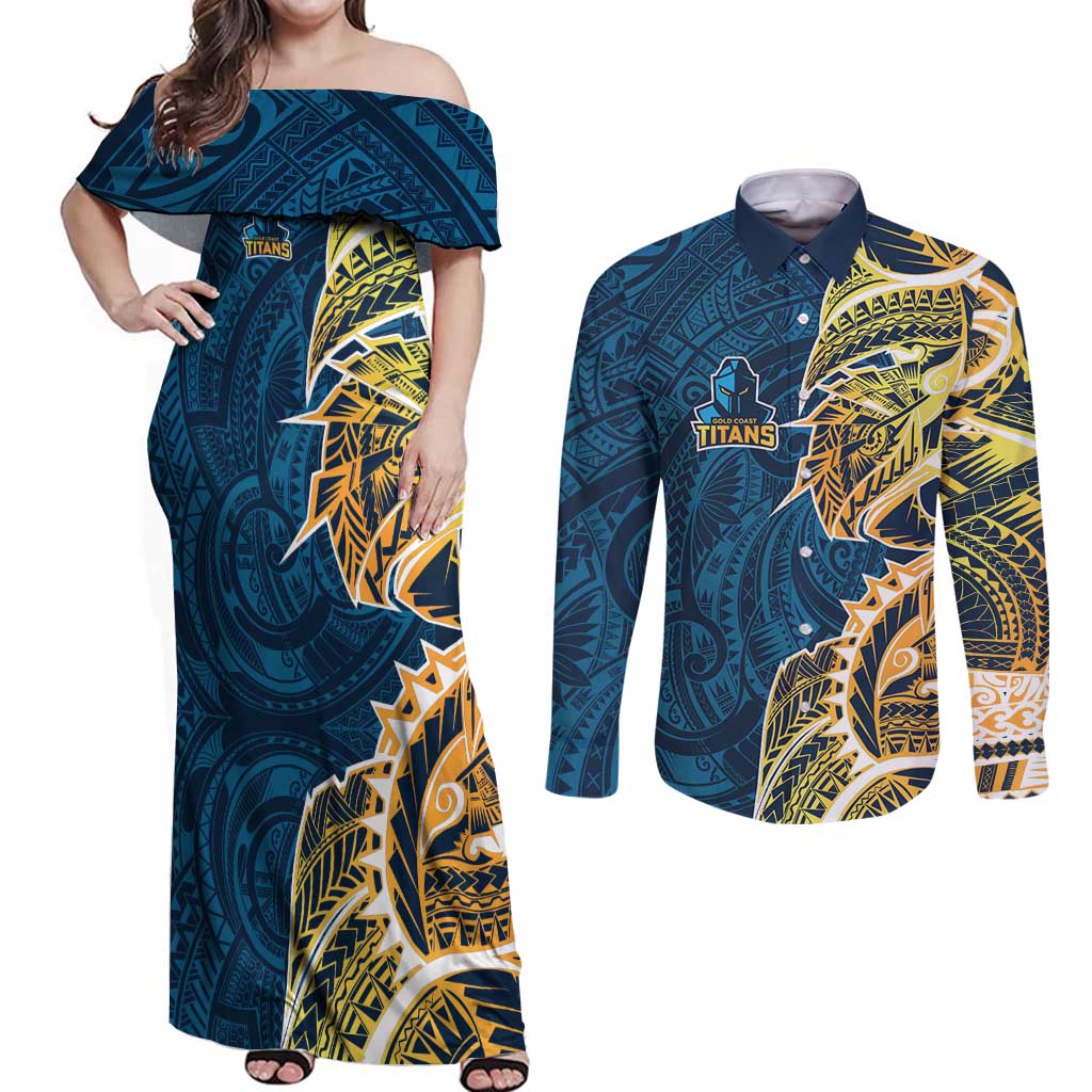 Gold Coast Titans Couples Matching Off Shoulder Maxi Dress and Long Sleeve Button Shirt Polynesian Tribal Tattoo Pacific Sport Art