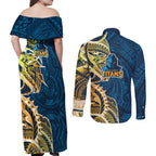 Gold Coast Titans Couples Matching Off Shoulder Maxi Dress and Long Sleeve Button Shirt Polynesian Tribal Tattoo Pacific Sport Art