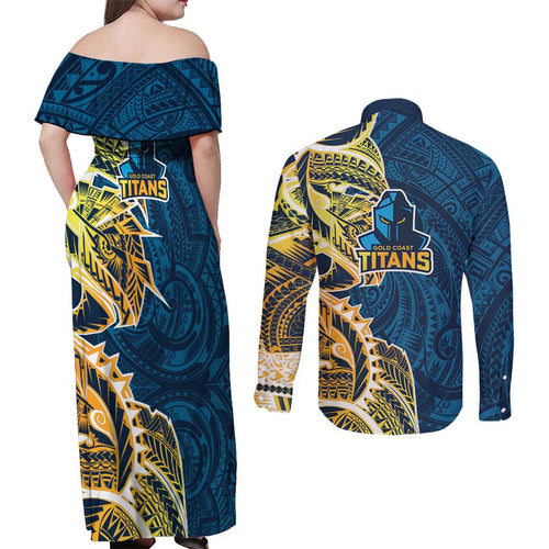 Gold Coast Titans Couples Matching Off Shoulder Maxi Dress and Long Sleeve Button Shirt Polynesian Tribal Tattoo Pacific Sport Art