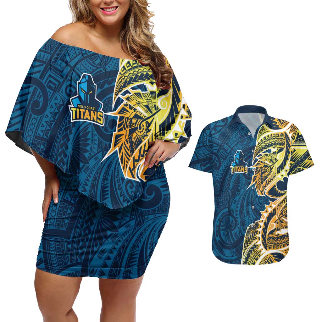 Gold Coast Titans Couples Matching Off Shoulder Short Dress and Hawaiian Shirt Polynesian Tribal Tattoo Pacific Sport Art