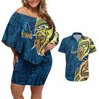 Gold Coast Titans Couples Matching Off Shoulder Short Dress and Hawaiian Shirt Polynesian Tribal Tattoo Pacific Sport Art
