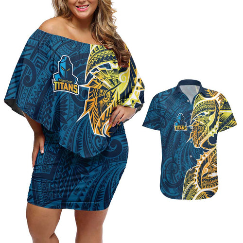 Gold Coast Titans Couples Matching Off Shoulder Short Dress and Hawaiian Shirt Polynesian Tribal Tattoo Pacific Sport Art