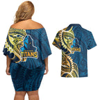 Gold Coast Titans Couples Matching Off Shoulder Short Dress and Hawaiian Shirt Polynesian Tribal Tattoo Pacific Sport Art