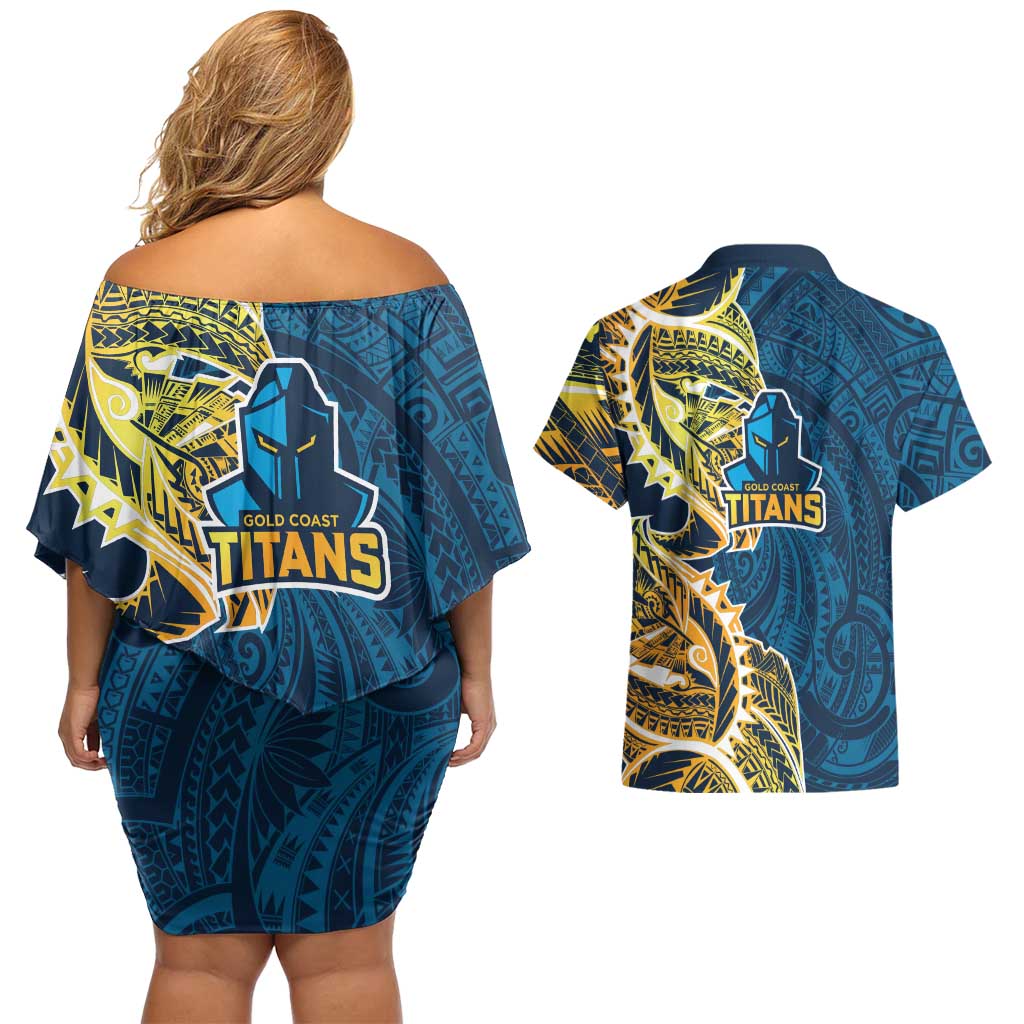 Gold Coast Titans Couples Matching Off Shoulder Short Dress and Hawaiian Shirt Polynesian Tribal Tattoo Pacific Sport Art