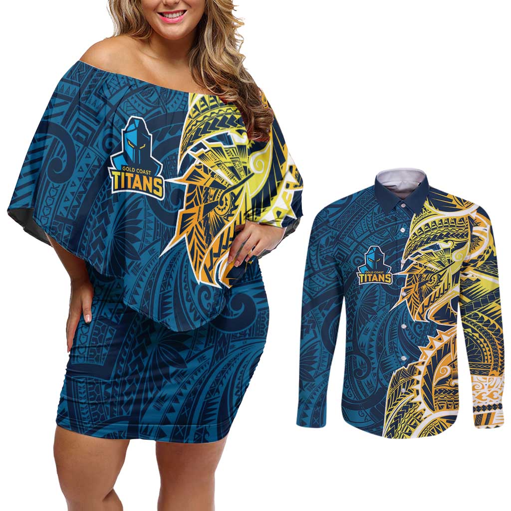 Gold Coast Titans Couples Matching Off Shoulder Short Dress and Long Sleeve Button Shirt Polynesian Tribal Tattoo Pacific Sport Art